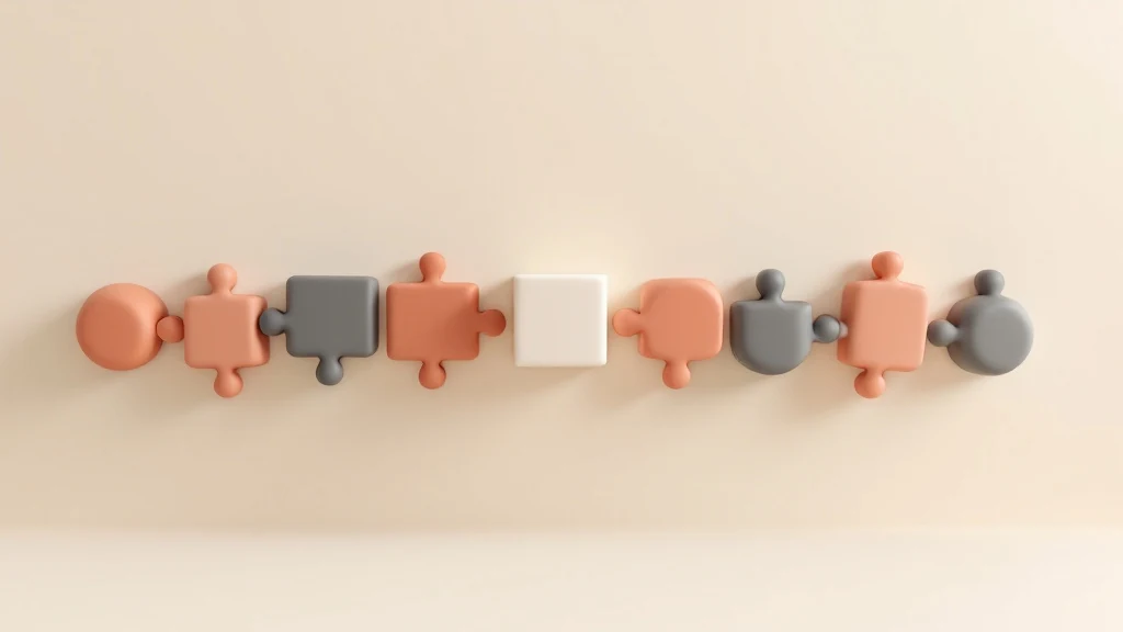 Coral and charcoal clay puzzle pieces interlocking in a row around a pale cube