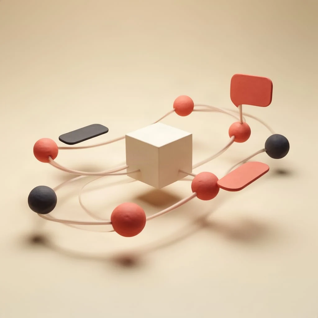 Clay spheres and tiles strung on a wire loop around a pale cube