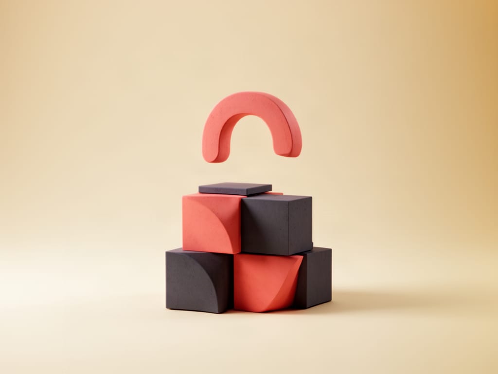 Abstract sculpture of stacked geometric blocks beneath a floating arch